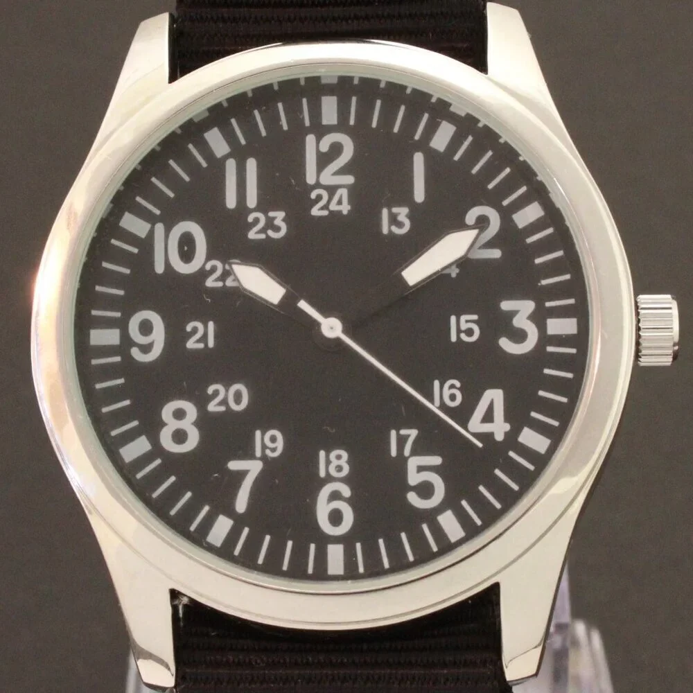 Men's Quartz Field Watch Silver Tone Case Black Military Strap 42mm